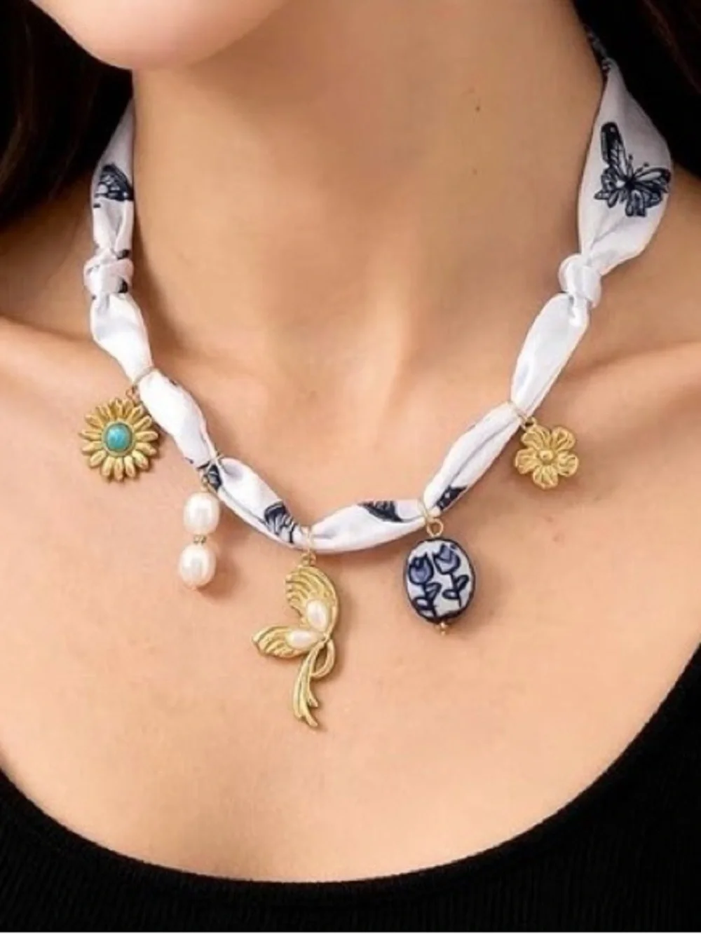 New Anthropologie White Scarf Necklace with Navy Butterfly Print & Gold Charms - Picture 3 of 5